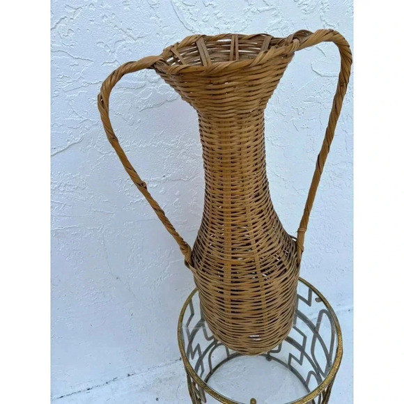 Vintage Hand Crafted Tall Handwoven Rattan Wicker Double Handle Floor Vase Brown - Picture 4 of 10